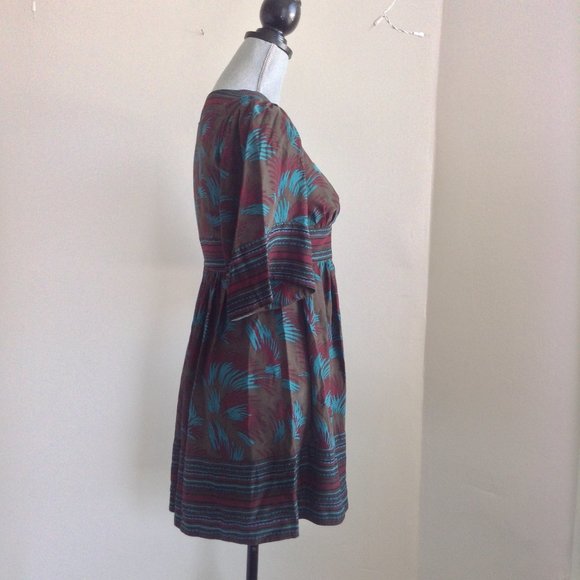 BETSEY JOHNSON V-NECK EMPIRE WAIST PRINT GREEN SHORT MINI DRESS 3/4 LONG SLEEVE - Picture 5 of 11